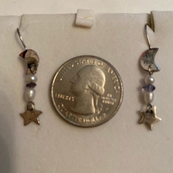 EARRINGS Sterling Silver 925 wires moon star drop crystal pierced celestial - Picture 4 of 7